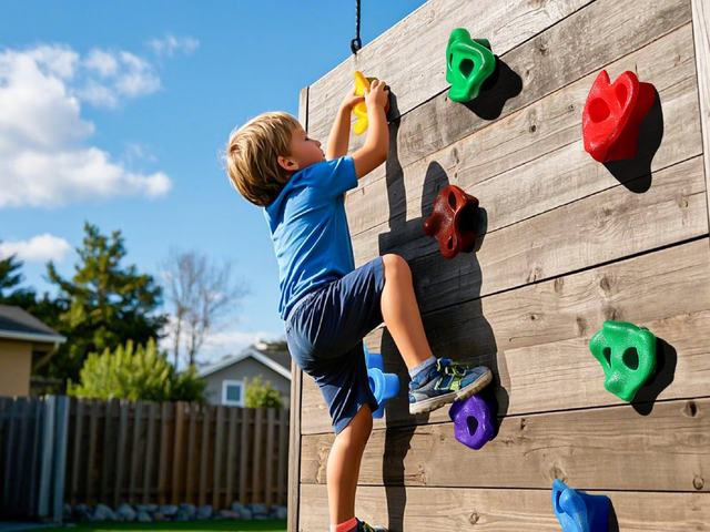 Boy climbing a backyard timber wall dotted with bright bolt-on holds