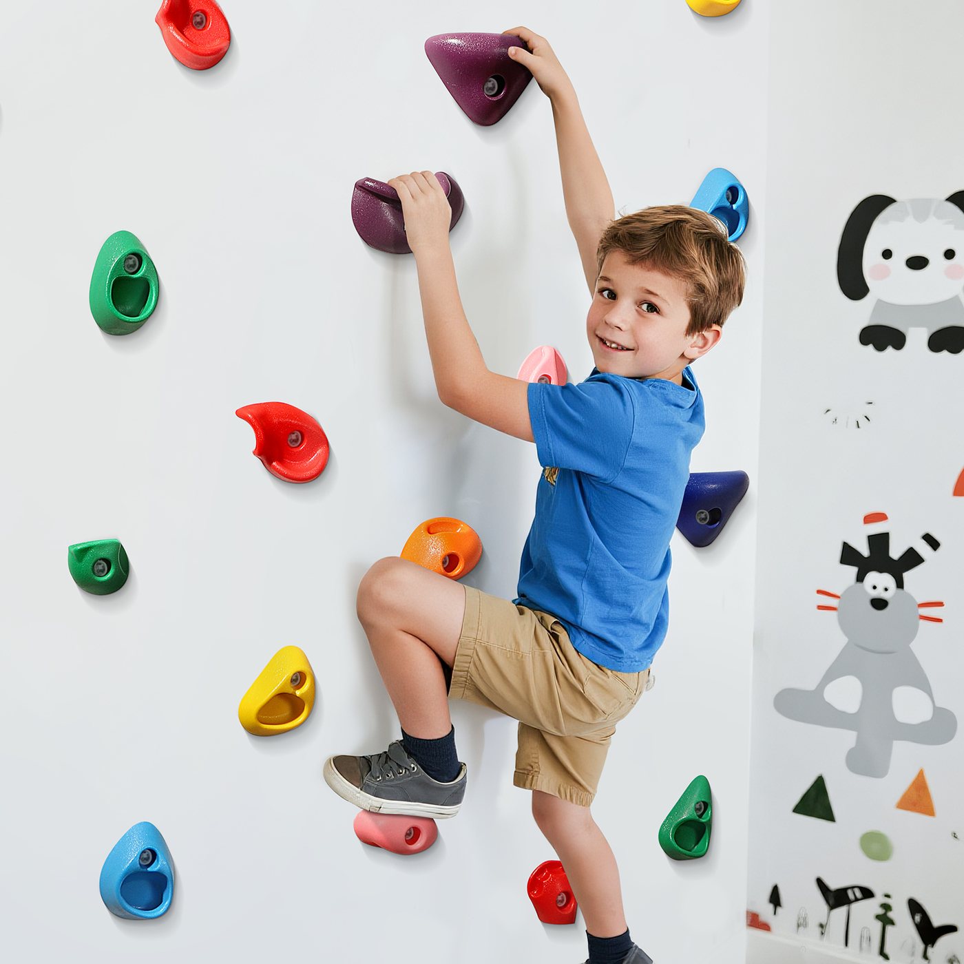 A half sheet of plywood, thirty two holds, one route a child can read from the floor.