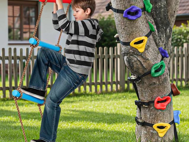 Boy on a rope ladder beside a yard tree wrapped with strap-on holds